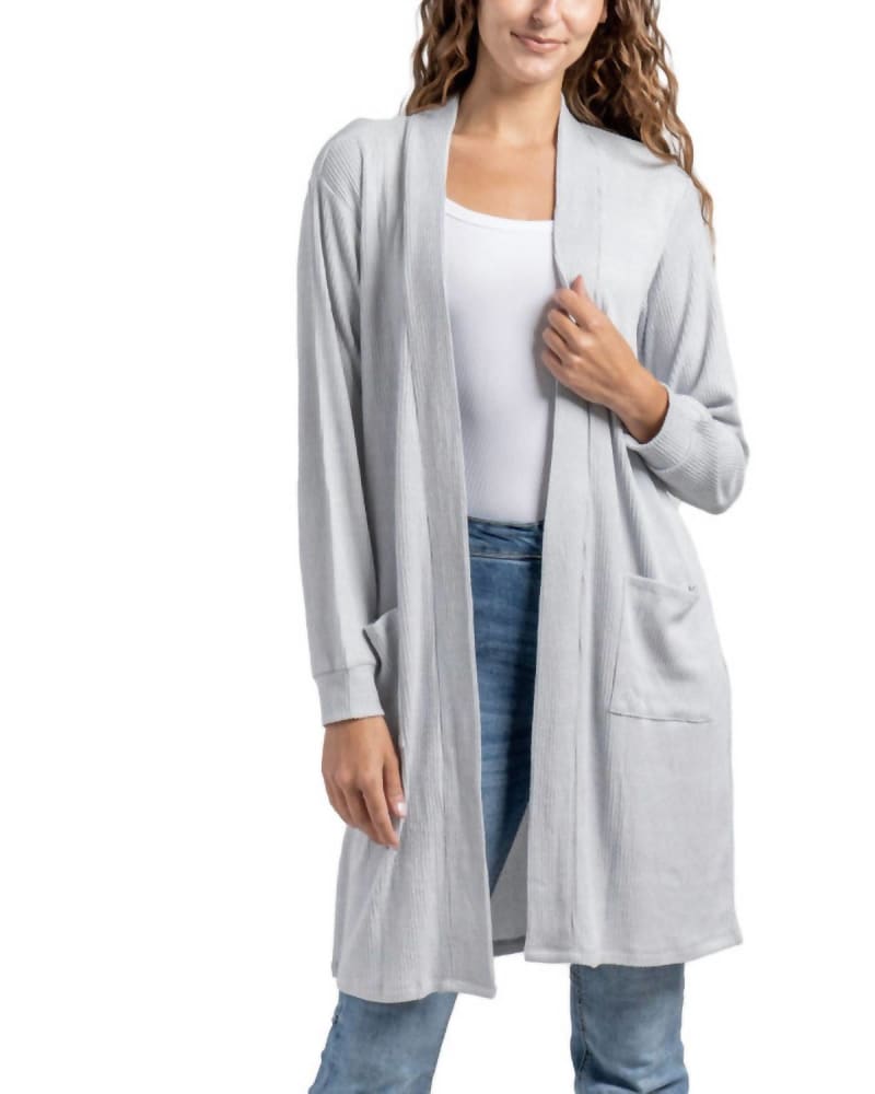 Front of a model wearing a size XL (16) Cuddleblend Cardigan in Grey in Grey by hello mello. | dia_product_style_image_id:334548